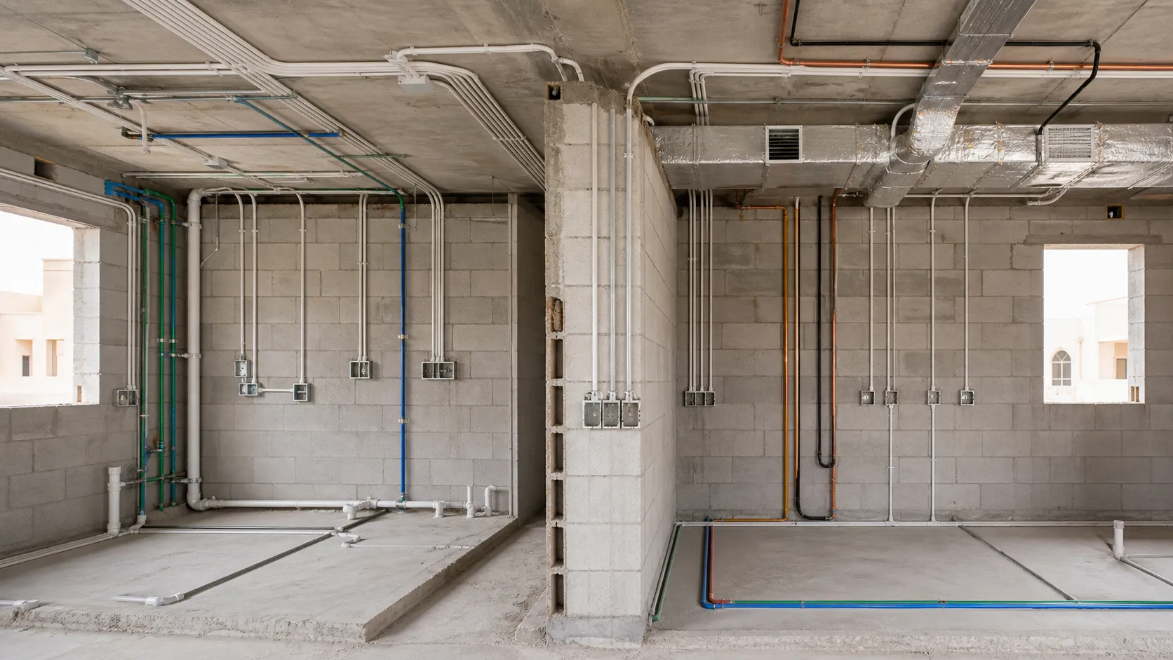 الإشراف الهندسي على البناء أثناء تنفيذ تمديدات الكهرباء والسباكة والتكييف