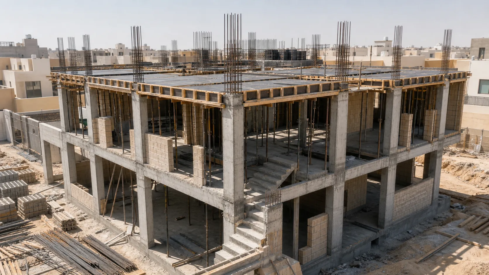 مراحل بناء المنزل بالصور أثناء تنفيذ الأعمدة والأسقف والجدران
